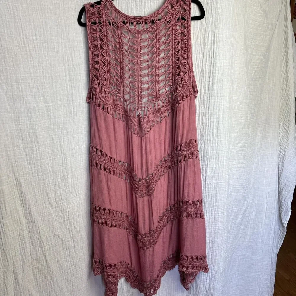Vivid Pink Crochet Open Weave Longline Vest Women's 2X